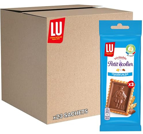 LU Petit Ecolier Chocolat au Lait - Format de Poche - Idéal pour le Goûter - Présentoir de 23 Sachets (37,5 g) | 23 Sachets de 3 biscuits | Petit beurre craquant surmonté d'une tablette de chocolat au lait fondant | Idéal pour le goûter