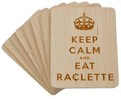 8 sottobicchieri per raclette con incisione laser Keep Calm and Eat Raclette in legno di faggio, 100 x 80 x 7 mm