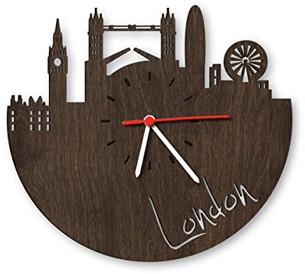 GRAVURZEILE London Frankfurt Wanduhr aus Eichen-Holz geräuchert Design Uhr aus Echtholz Wand-Deko Originelle Wand-Uhr Moderne Wand-Uhr im Skyline Design Wand-Dekoration aus Natur-Holz