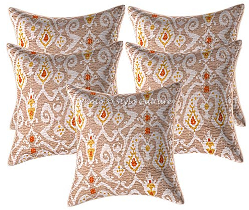 Stylo Culture Boho Forros para Cojines Decorativos 40x40 cm Algodón Ikat Fundas De Almohadones Sofa Beige 16x16 Inch Kantha Impreso Cuadrado sobre Fundas Cojines Dormitorio - 5 Pcs