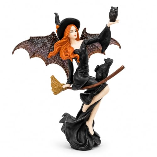 Comfy Hour Fairyland Collection 22,9 cm dunkle Fee Hexe auf magischem Besen mit schwarzer Katze, Halloween-Themen-Geschenk, Heimdekoration und Sammlerstücke, Polyresin