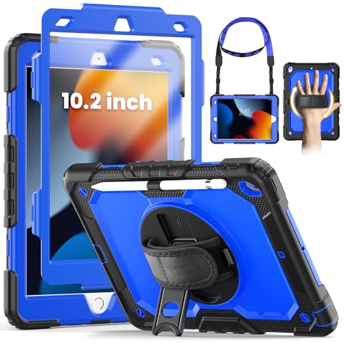 SEYMCY for iPad 9th/8th/7th Generation Case 10.2 Inch 2021/2020/2019 | Full-body Shockproof with Screen Protector, 360° Rotating Stand & Hand Strap, Shoulder Strap, Pencil Holder, Blue