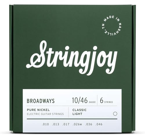 Stringjoy Broadways 10-46 Classic Light Gauge Pure Nickel Electric Guitar Strings - Electric 6-String Set - Vintage-Style Round Core Strings for Incredible Flexibility, Versatility, & Tone, 1-Pack