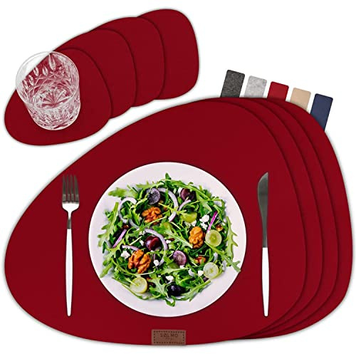 sølmo I Designer Tischset Rot aus Filz - Oval I Hitzebeständig I 4er Platzset mit Untersetzer, Tischset, Platzdeckchen I Tischdeko Winter, Rot (Wine Red)