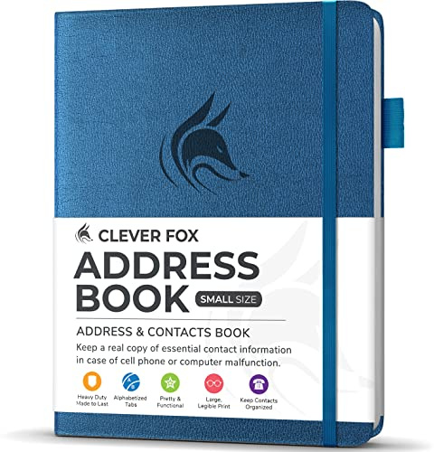 Clever Fox adressbok med alfabetiska flikar – PU-läder telefon och adressbok för att hålla kontakter säkra, kontaktorganiseringsdagbok, liten storlek (10,5 x 14 cm), inbunden, mystisk blå