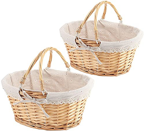 ZOENHOU 2 PCS Natural Wicker Gift Empty Basket, Hand-Woven Large Favors Storage Willow Picnic Basket with Handles for Fruit Vegetable Picking Egg Candy Gathering Valentines