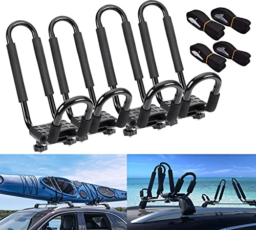 tonchean Kayak Roof Rack J Bars 2 Pairs, Kayak Roof Carrier, Kayak Roof Mount J Bar Rack Canoe Boat Surf Ski Bike Carrier Top Mount with 4 Straps for Car, Truck, SUV, Black