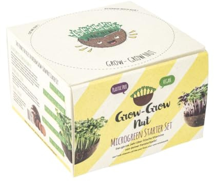 Grow-Grow Nut Microgreen Starterpaket - Kressesieb Alternative: 1x Kokosnuss-Schale, 3x Bio-Saatgut aus EU (Brokkoli, Radieschen & Rucola), Kokoserde, Ernte in 5-7 Tagen - nachhaltig, gesund & lecker