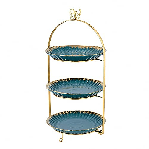MAOTN 3 étages Assiette à gâteau en céramique, Supports à Desserts Portables en métal, Support à ​étages Plats de Service adaptés aux goûters, fêtes et Anniversaires,Green1,Size