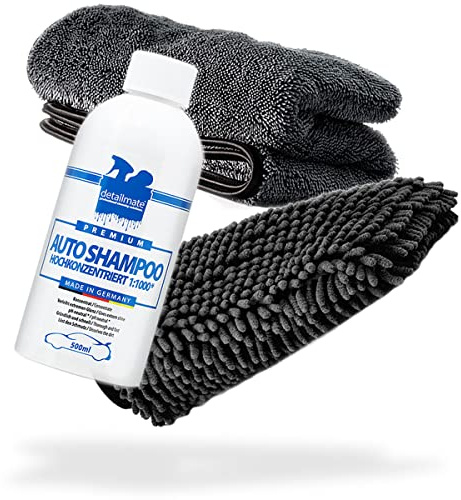 detailmate Auto Wasch- und Trockenset: detailmate Autoshampoo 500ml + Chenille Waschhandschuh + Trockentuch 1000 GSM - Für die ideale Autowäsche