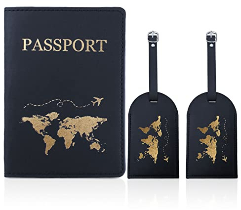 Esteopt Reisepasshülle,3 PCS（1PCS Reisepass Schutzhülle+2PCS Kofferanhänger）,Passport Hülle aus Schwarz Kunstleder mit Golddruck,Herren Passport Holder für Kreditkarten, Ausweis und Reisedokumente