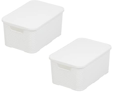 BranQ - Home essential Korb mit Deckel in Rattan Design 2er Set Grösse M 19 l, Kunststoff PP, Weiß, 28,8x19,7x16,2 cm, 2 STK.