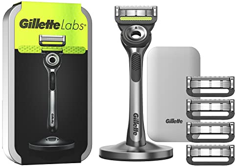 Gillette Labs Nassrasierer Herren, Rasierer mit Reinigungs-Element + Reise-Etui zur Aufbewahrung für unterwegs + 5 Rasierklingen, Geschenk für Männer, Premium-Magnetdock, 1 stück (1er Pack)