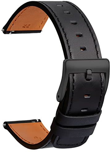 TStrap Leder Uhrenarmband 20mm - Weich Schwarz Quick Release Uhrenarmbänder Ersatz Schnellverschluss - Sport Uhrenarmband für Herren Damen - Smartwatches Armband Haspe Schließe - 18mm 19mm 21mm 22mm