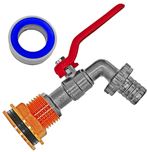 Messing Regentonnen-Durchführung Loch Ø 34mm mit Auslaufhahn Tülle 19mm