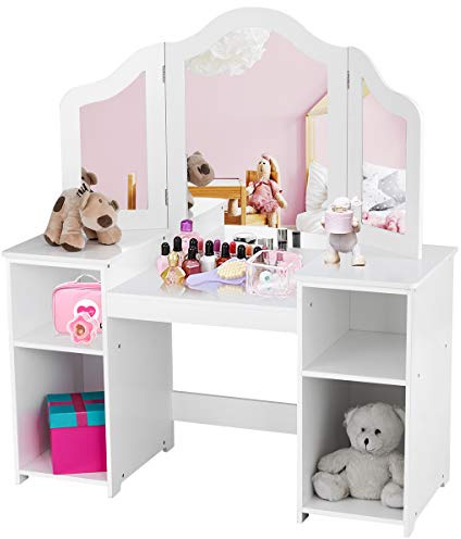 LIFEZEAL Tavolo da toeletta per bambini, con specchio rimovibile e 4 ripiani aperti, design 2 in 1 con tavolo da toeletta e scrivania, tavolo cosmetico per bambini piccoli, ragazze, legno (bianco)