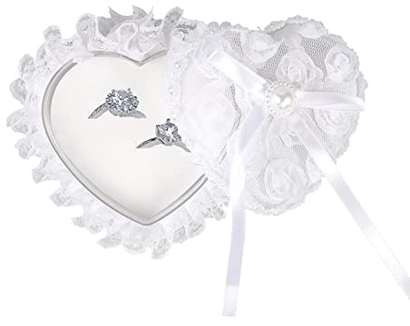 Romantic Heart Shaped Wedding Ring Bearer Box Wedding Ring Holder Lace Pearl Flower Elegant Ring Bearer Pillow for Wedding Ceremony Engagement Proposal Ring Holder