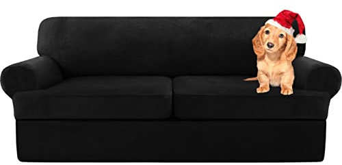 Sofa Cover,T Cushion Sofa Cover Velvet Non-Slip T Cushion 1/2/3 Seater Couch Cover with Individual T Cushion Seat Cover with Elastic Bands Furniture Slipcovers Protector (Black,2 Seater-3Pieces)