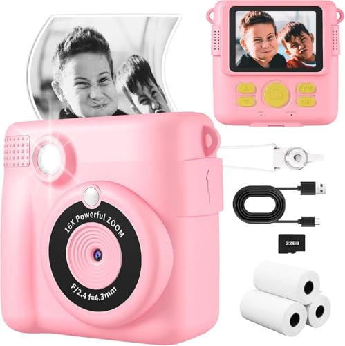 Macchina fotografica per bambini – Stampa istantanea per bambini 1080P schermo da 2,4 pollici, fotocamera digitale con zoom digitale 16X, carta TF da 32 GB, lettore di schede, penne colorate