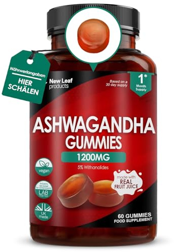 Ashwagandha Gummies 1200mg – High Strength 5% Withanolides - Real Fruit Juice, No Artificial Colours or Flavours – Pure Ashwagandha Root Extract, 60 Vegan Gummys, Gluten Free, UK Made by New Leaf
