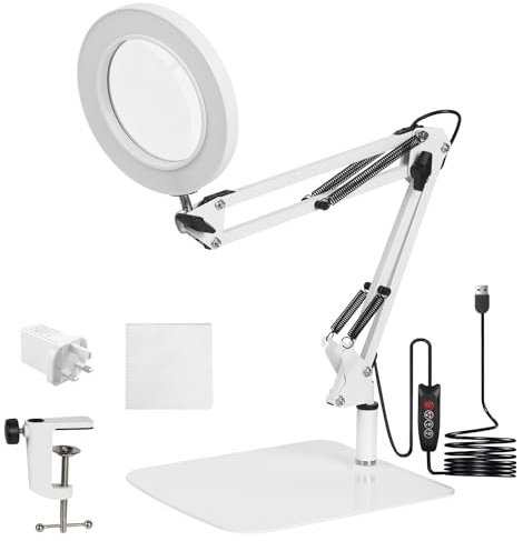 10X Magnifying LED Desk Lamp with Base & Clamp, Magnifying Glass with Light, 3 Color Modes Lighted Magnifier Lamp, Adjustable Arm 4.13 Diameter Glass Magnifying Glasses for Reading, Hobbies (White)