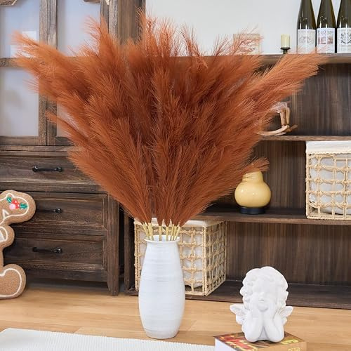 Premium Fausse Herbe de la Pampa Orange Brûlé/Terracotta – 110 cm Haute et Duveteuse, 8 Tiges 18 Branches d’Un Seul Tenant sans Montage, Fleurs à Plumes en Soie pour Décoration Mariage Bohème, Salon