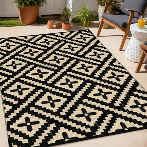 Momooda Tapis D'extérieur Géométrique en Paille en Plastique avec Protection Anti-UV Réversible Lavable et Imperméable pour Camping, Jardin, Balcon, Camping-Car, Noir Beige, 180x270cm