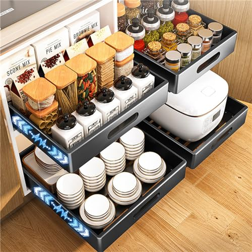 Viusneun Teleskopschublade - Ausziehbarer Schrank Organizer für Küchenschränke - Schubladen Aufbewahrungsregale - Multifunktional Schublade Kein Bohren erforderlich, 1 Stück Schwarz (43 * 40 * 8cm)