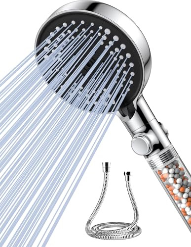 VOXON Duschkopf mit Schlauch 1.5M, Wassersparender Duschkopf mit Filter und 6 Strahlarten & Stoppfunktion, Handbrause mit schlauch druckerhöhend mit 3-Lagen-Filtration und zusätzlichen Steinen