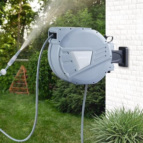 pro.tec Avvolgitubo da Giardino per Irrigazione Supporto da Parete Girevole con Tubo di Irrigazione da 10 m Ugello Spruzzatore Regolabile - Grigio