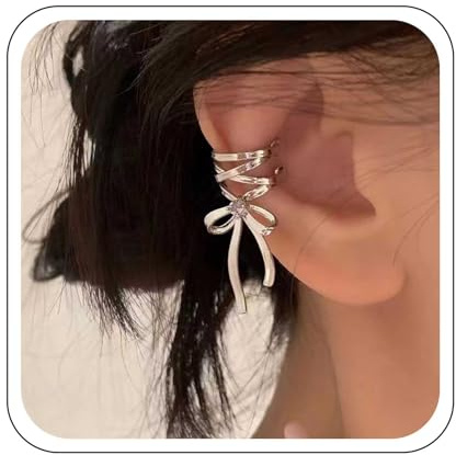 Yienate Funky Bow Ear Cuffs - Silber Statement Fliege Band Non-Piercing Cuff Earrings mit Knorpel Hoop Clip Auf Wrap Earrings Ribbon Bowknot Hochzeit Ohrringe Schmuck für Frauen und Mädchen