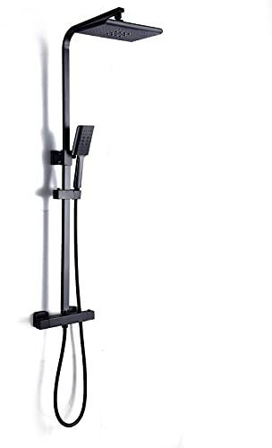 Regendusche Duschsystem mit Thermostat, Quadratisch Duschgarnitur Regendusche Duschset Edelstahl Duscharmatur Komplettset Set Duschstange mit brause Chrom Duschkopf mit Schlauch und Halterung
