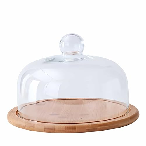 Cake Stand with Dome Lid, Wood Cake Plate with Clear Glass cover, Cake tray for Cakes, Pastries, Cheese Boards - Flat Cake Display Stand for Birthday, Wedding, Party, Café (Flat)