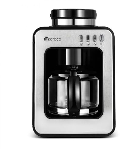 Karaca GRINDMAESTRO - Macchina da caffè con macinacaffè integrato, 0,5 l, 600 W, sistema antigoccia, controllo one-touch, filtro rimovibile