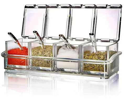EOREA 4-Piece Condiment Containers with Lids, Spices Box and Seasonings sets for Salt, Sugar,Pepper-Sugar Container with Spoons Lids Ideal for Countertop Seasoning Organizer, Topping Containers