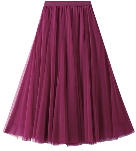 Tyllkjol dam A-linje elastisk hög midja midikjol mesh stor fåll lång kjol elegant veckad kjol sommarkjol, Lila röd, one size