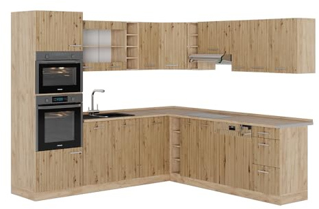 Vicco Eckküche R-Line, Artisan-Eiche/Goldkraft Eiche, 247 x 60 cm, AP Eiche, zum individuellen Aufbau und zur Erweiterung mit Zusatzmodulen