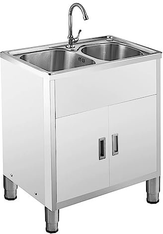 Hot and cold Utility Sink with Faucet and Storage Shelves for Outdoor Garage Commercial Restaurant Kitchen Laundry Room - Stainless Steel Freestanding Sink with Drainer Unit
