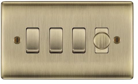 BG Antique Brass 4 Gang Switch 1x Trailing Edge LED Dimmer 3x 2 Way Custom Grid Switch