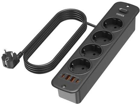 Multipresa da Incasso 4000W, FDTEK Presa da Tavolo con USB-A y 2 Type-C(PD20W), Ciabatta Elettrica con con Interruttore di Protezione da Sovraccarico, Prese Compatte 4 Prese Schuko, Cavo da 2M, Nero