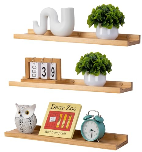 Gieanoo Flytande hyllor, vägghyllor set med 3 massiv furu 60 cm trähyllor rustik fotoram hylla med kant display hylla för vardagsrum, kök, sovrum, natur