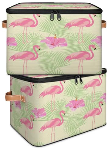 Flamingo Tropical Palm - Caja de almacenamiento plegable de tela tropical grande con tapa con cremallera, organizador para dormitorio, hogar, guardería, juguetes, ropa, juego de 2