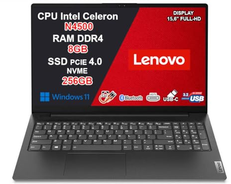 Lenovo Pc Portatile, Notebook Intel N4500, Ram 8Gb, SSD 256Gb, FHD 15.6, Ingresso Lan, Hdmi, Usb Type-C, Win 11, Wi-Fi, Computer Portatile, Laptop Mouse WiFi Omaggio