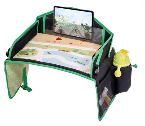 Jovikids Auto Reisetisch Faltbar, Knietablett mit Zeichenfläche, Tablet-Halterung, 7 Aufbewahrungstaschen, Reise Organizer für Auto Flugzeug und unterwegs(Grün)