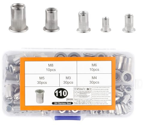 110 Pezzi Rivetti Filettati, M3 M4 M5 M6 M8 Inserti Filettati Dado, Kit di Dadi Rivetti Ciechi a Testa Piatta in Acciaio Inossidabile, manicotti Filettato per Legno Tubi di Piastre Metalliche