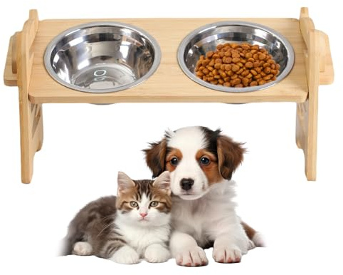 PORFOYO Gamelle Chat Surélevée，42.5 * 16.5 * 19.5cm Support d'alimentation pour Chien avec 2 Gamelles en Acier Inoxydable 500 ML, Mangeoire pour Chats et Petits Chiens