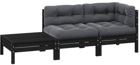 HaoChrymec 3-TLG. Garten-Lounge-Set mit Kissen Schwarz, Massivholz Kiefer, Modulares Design, Hocker/Tisch, Balkonmöbel Set, Gartensofa, Sitzbank Outdoor, 63.5 x 63.5 x 62.5 cm