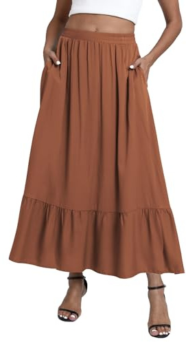EXCHIC Femmes Boho Flottant Élastique Waist A-Line Maxi Jupe Volants Plissée Plage Longue Jupes avec Poches (XL, Café)