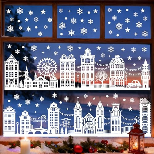 154 PCS Christmas Window Stickers, Christmas Window Clings Reusable Double Sided, PVC Static House Snowflake Window Decals White for Xmas Window Glass Door Decorations, 10 Sheets