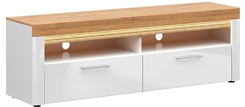 PEGANE Meuble TV à 2 tiroirs avec éclairage LED Coloris Chêne doré/Blanc Haute Brillance - Longueur 166 x Profondeur 42 x Hauteur 54 cm